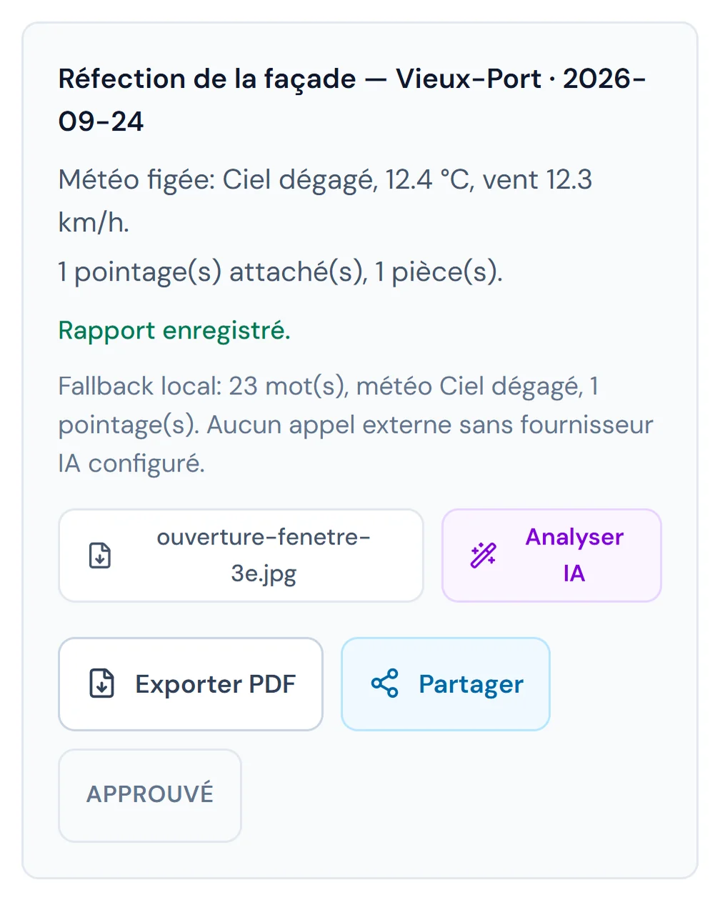 Rapport journalier du 24 septembre 2026 dans Ouvance : météo Ciel dégagé, 12,4 °C, un pointage et une photo joints, statut Approuvé.